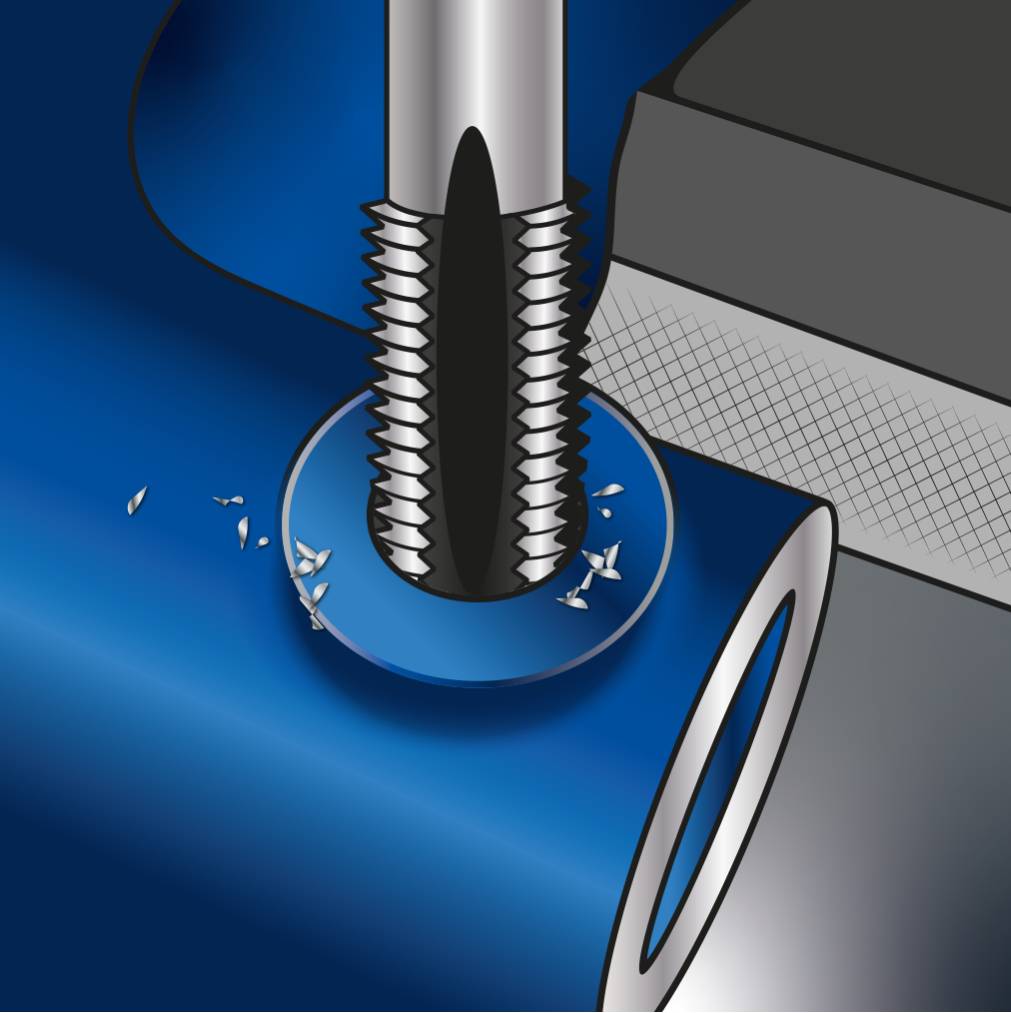 'Illustration eines Bohrers, der ein Metallstück bearbeitet. Der Bohrer schafft Gewinde in die Metalloberfläche, Späne fliegen umher.'