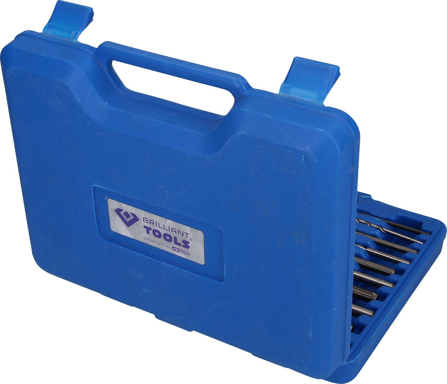 Ein blauer Kunststoffkoffer mit acht Metallbohrern im Inneren. Der Koffer hat einen Griff oben und enthält die Aufschrift 'Brilliant Tools'.