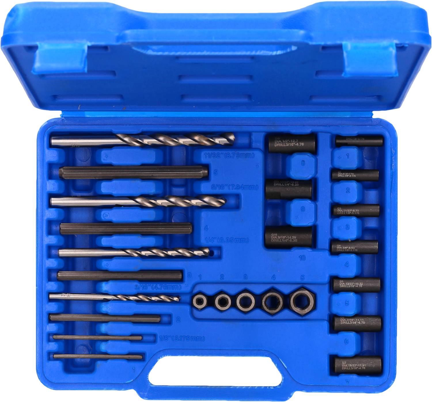 Ein blauer Koffer mit einem Set aus Bohrern und Bits in verschiedenen Größen. Das Set ist ordentlich in Schaumstoffeinsätzen angeordnet.