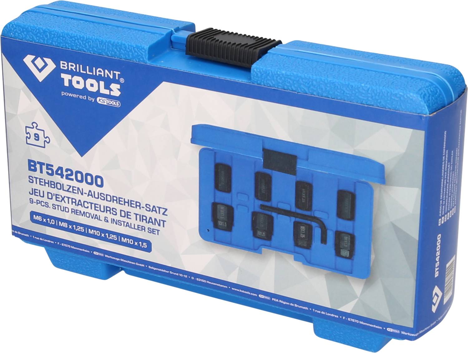 Ein blauer Werkzeugkoffer der Marke Brilliant Tools. Enthält ein sechsteiliges Stehbolzen-Ausdreher-Set für M6 bis M10 Größen.