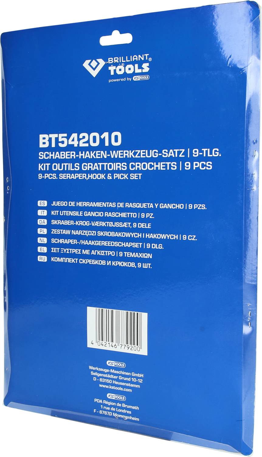 'Brilliant Tools BT542010' Verpackung zeigt ein Schaber-Haken-Werkzeug-Satz, 9-teilig, mehrsprachige Beschriftung, blauer Hintergrund.