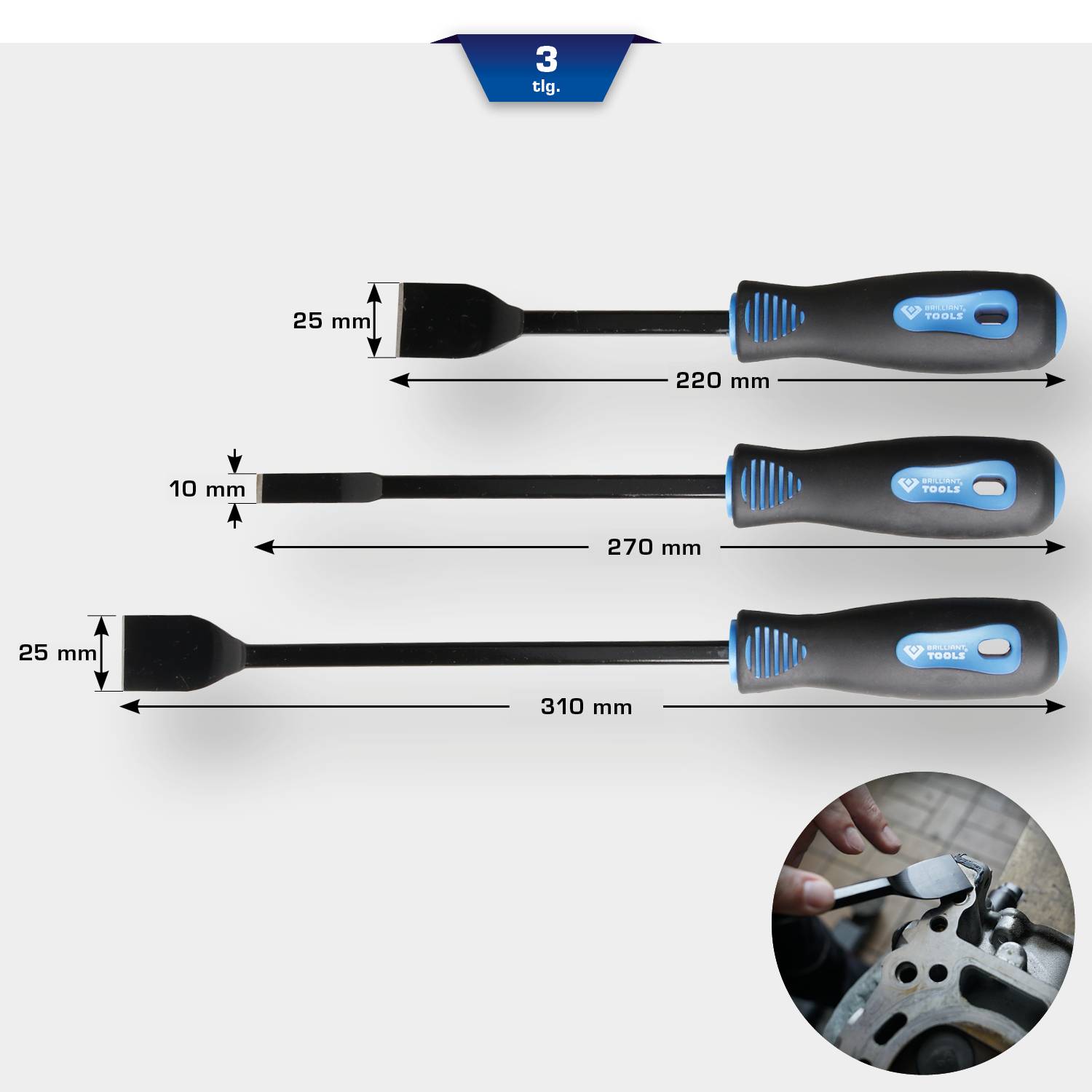 Meißel-Set, 3-teilig, Längen: 220 mm, 270 mm, 310 mm. Breiten: 10 mm, 25 mm. Gezeigt in Anwendung bei Metallarbeit.
