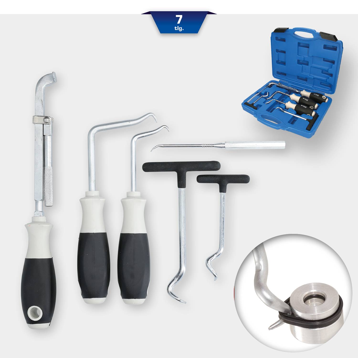 '7-teiliges Karosseriewerkzeug-Set' mit Metallhaken und Hebeln mit schwarzen Griffen, im offenen blauen Koffer gezeigt. Geeignet für Kfz-Reparaturen.