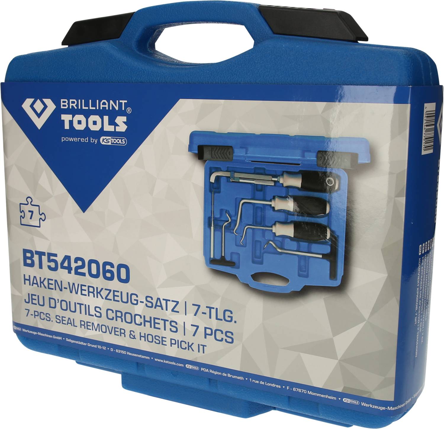 Blauer Werkzeugkoffer mit sieben Hakenwerkzeugen, Markenaufdruck 'Brilliant Tools'. Enthält verschiedene Haken- und Steckwerkzeuge.