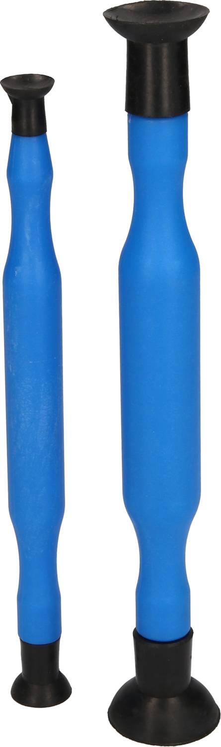 Zwei blaue Fahrradhupen in unterschiedlichen Größen mit schwarzen Gummisaugnäpfen an beiden Enden.