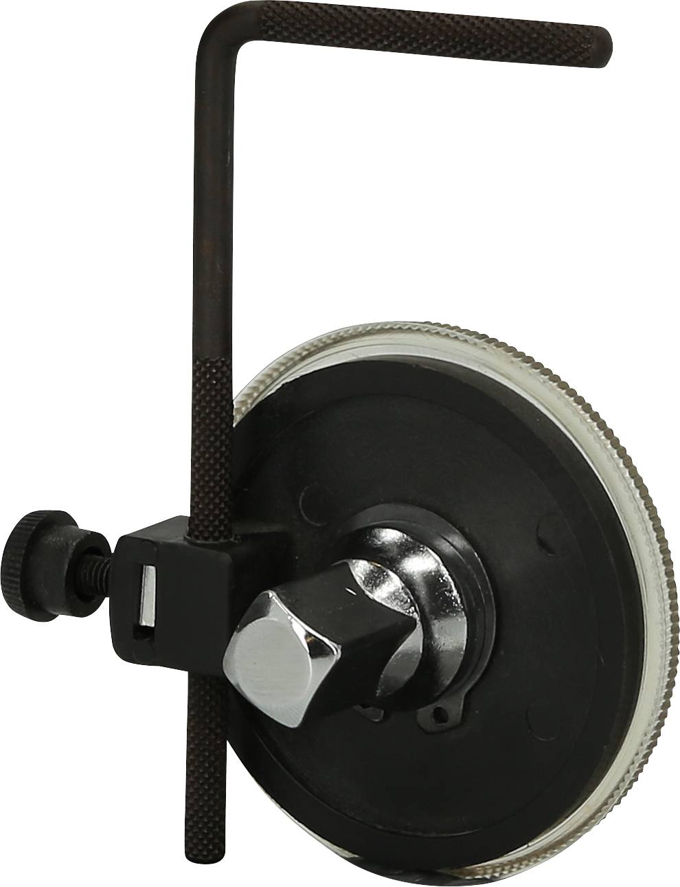 Ein schwarzes Metallrad mit Klemme und Griff. Wahrscheinlich ein Teil eines Mechanismus oder einer Maschine, das zur Befestigung dient.