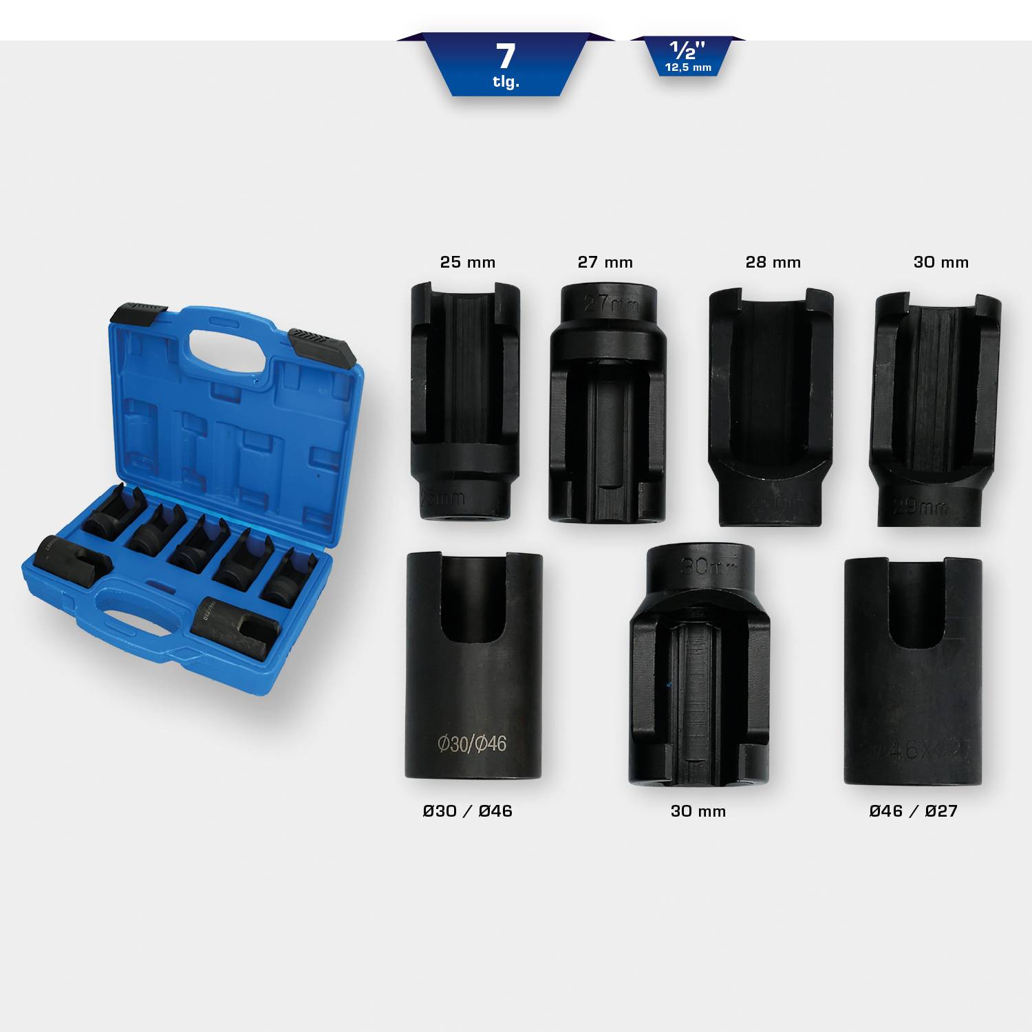 Satz aus sieben Einsätzen in einem blauen Koffer. Die Einsätze haben Durchmesser von 25 mm bis 30 mm. Geeignet für 1/2 Zoll Antrieb.