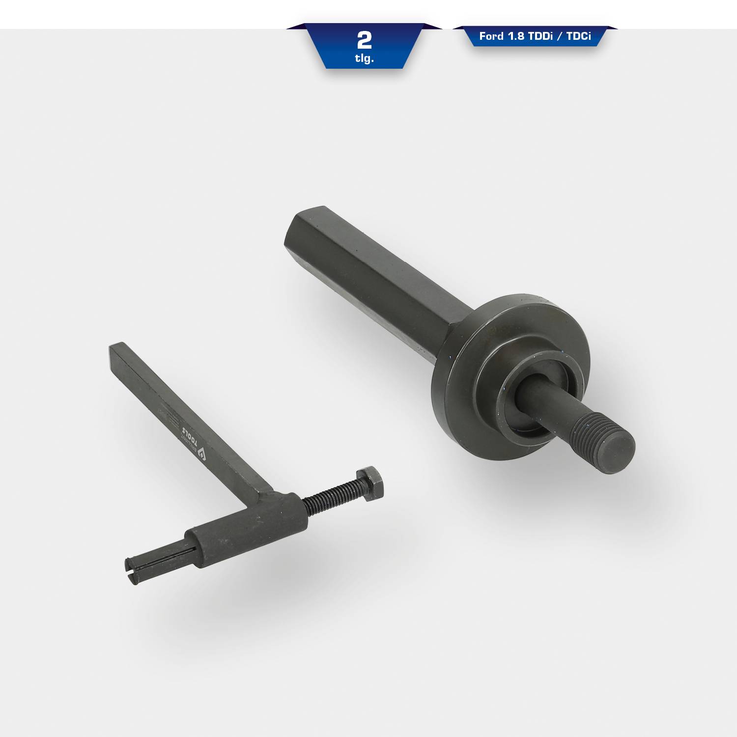 Ein graues, zweiteiliges Werkzeug-Set für Ford 1.8 TDDi/TDCi Motoren, bestehend aus einem speziellen Schraubenschlüssel und einem Adapter.