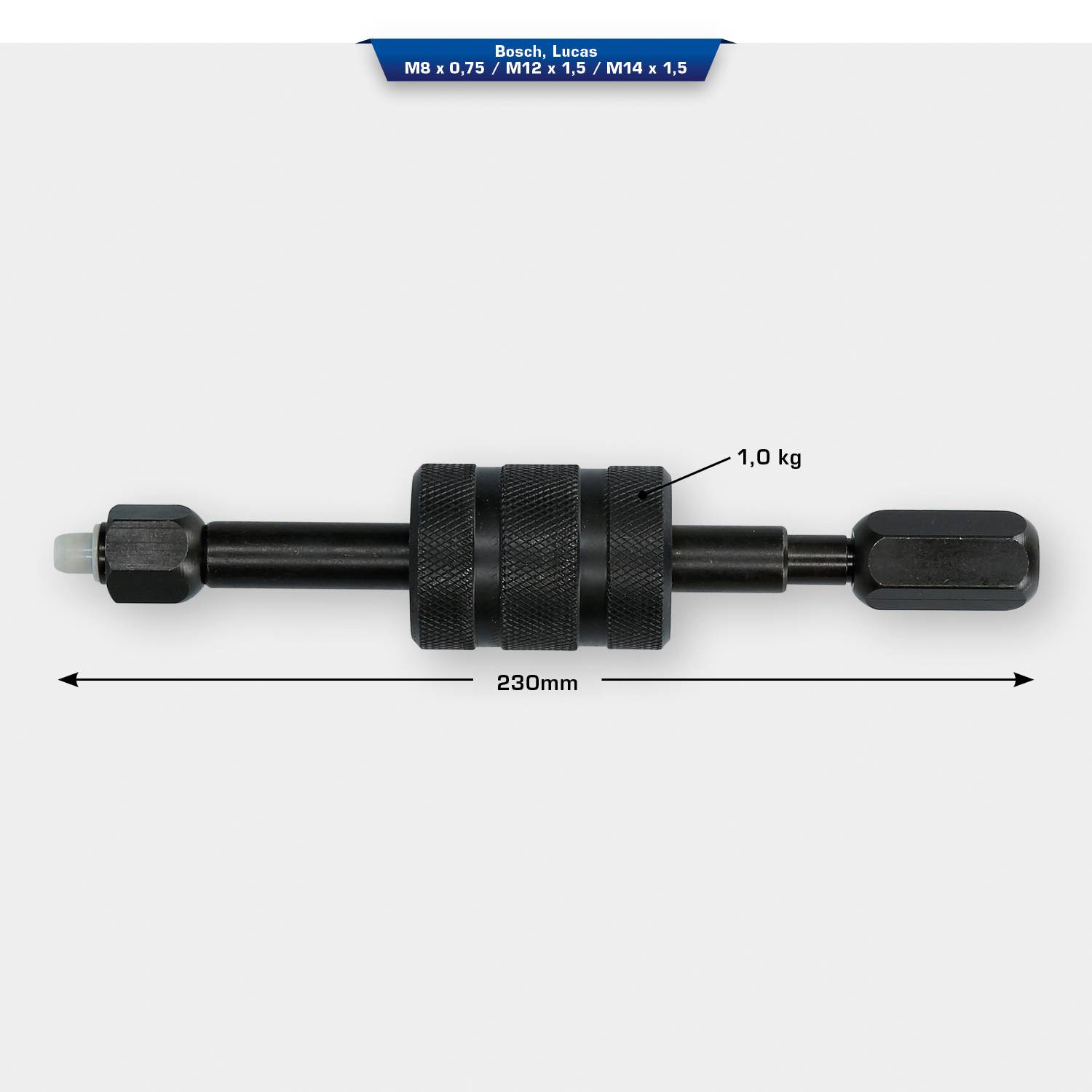 Ein schwarzes mechanisches Werkzeug, 230 mm lang und 1,0 kg schwer, mit drehbaren Griffen, für M8, M12 und M14 Anwendungen.