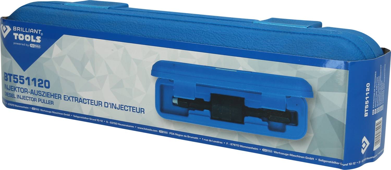 Eine blaue Werkzeugkoffer-Verpackung mit der Aufschrift 'Injektor-Auszieher'. Enthält ein Werkzeug zum Entfernen von Injektoren.