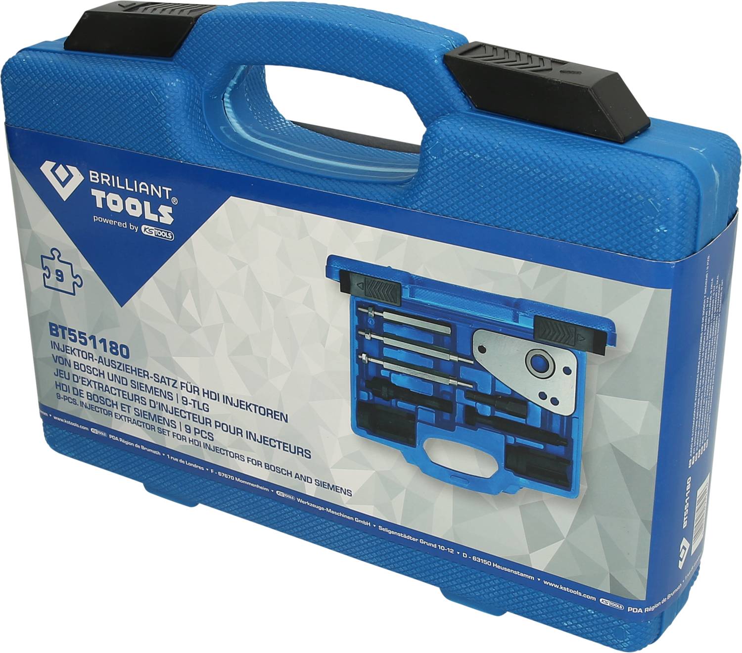Blauer Werkzeugkoffer mit Injektor-Ausziehersatz von Brilliant Tools, Modell BT651180. Enthält Werkzeuge für die Injektorreparatur.