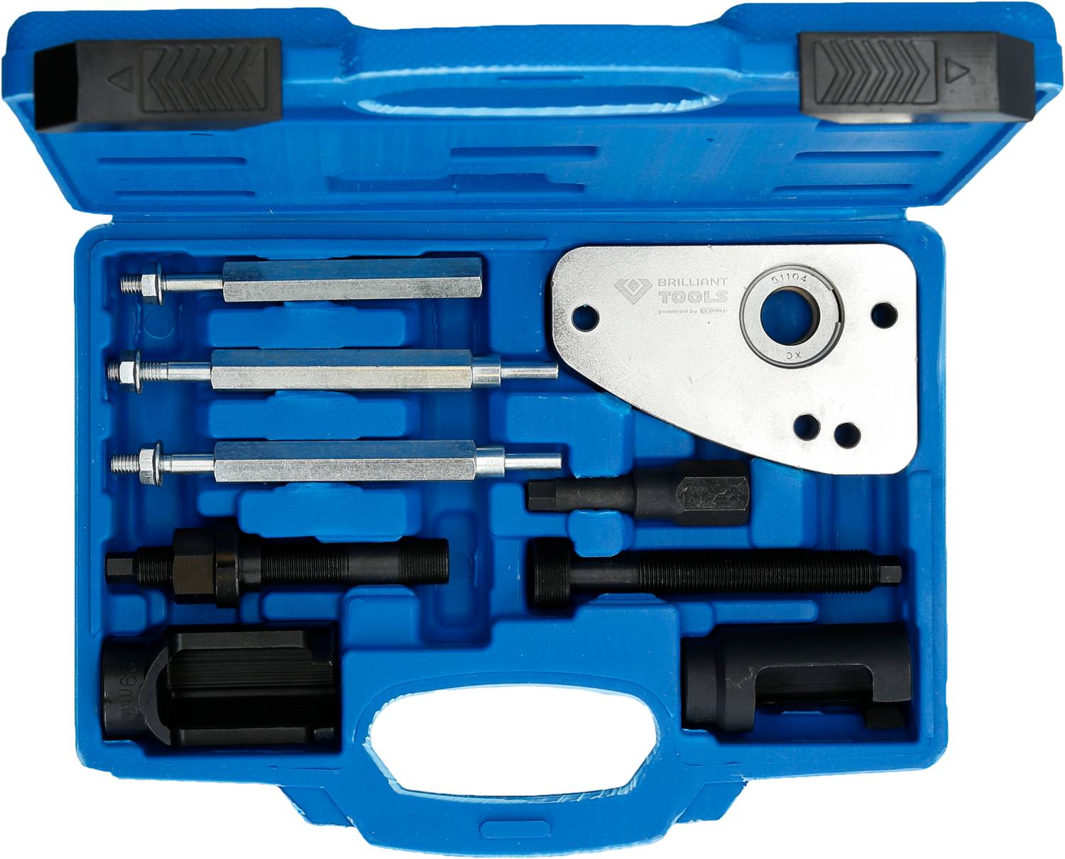 Werkzeugkoffer in Blau mit verschiedenen Metallteilen und Werkzeugen zur Autoreparatur, darunter Schraubenzieher und Halteplatte.