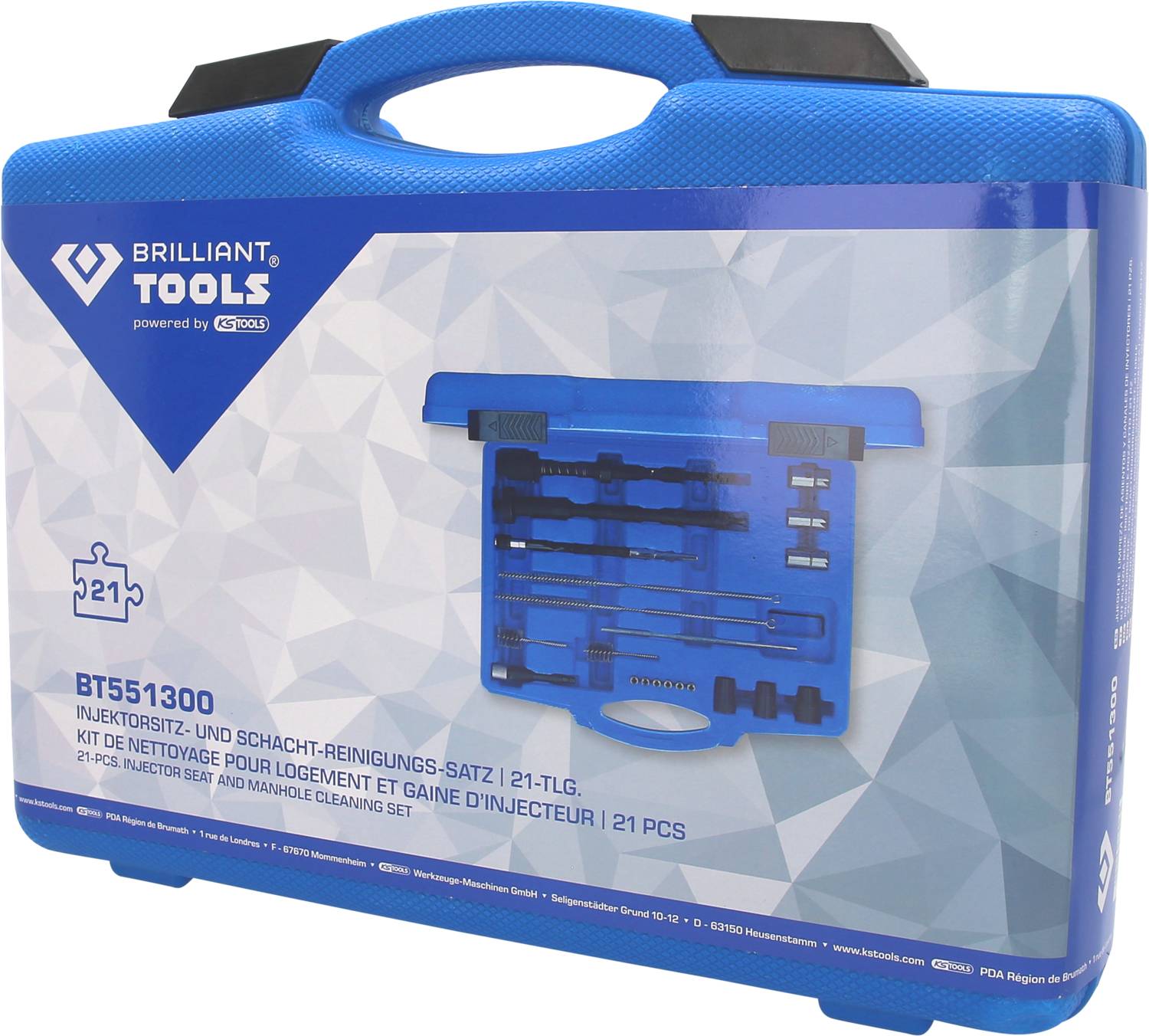 Ein blauer Werkzeugkoffer von Brilliant Tools mit der Aufschrift 'BT551300 Injektorsitz- und Schacht-Reinigungs-Satz, 21-teilig'.