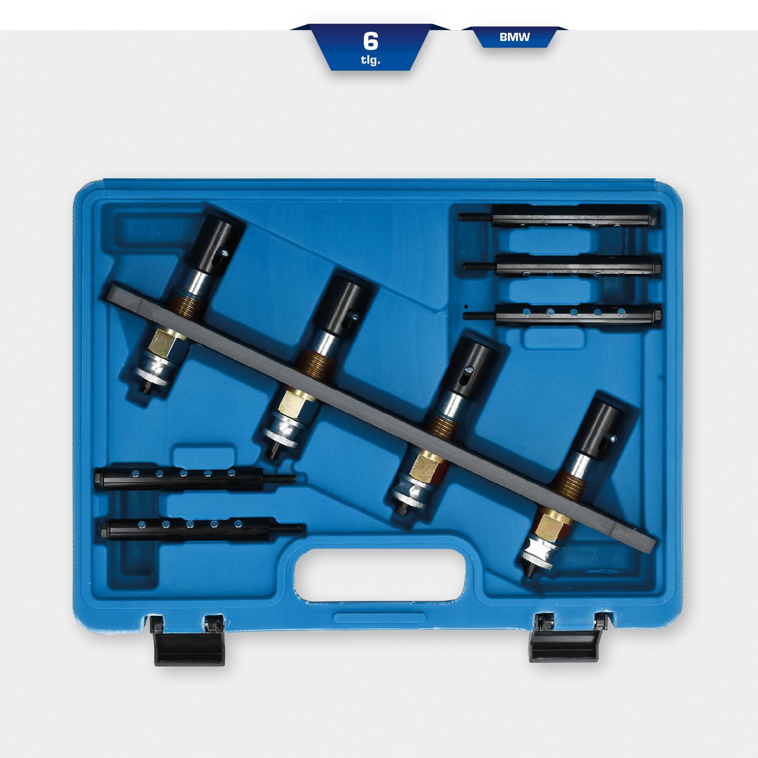 Werkzeug-Set in blauer Box mit Einsätzen und Stangen, geeignet zur Automobilreparatur.