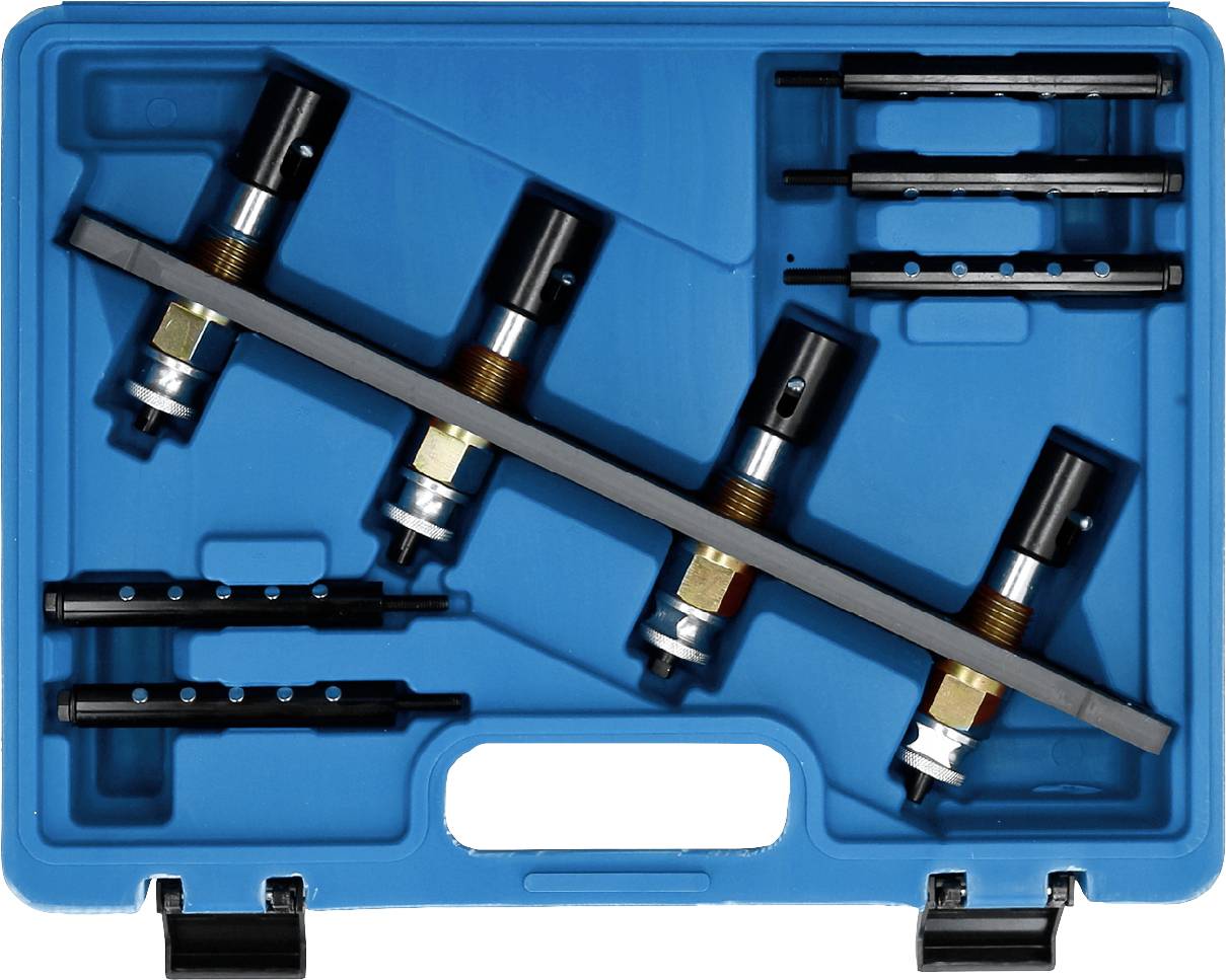 Ein Satz von fünf schwarzen Metalladaptern mit Gewinde, in einer blauen Werkzeugkiste, zur Reparatur oder Anpassung von Maschinen.