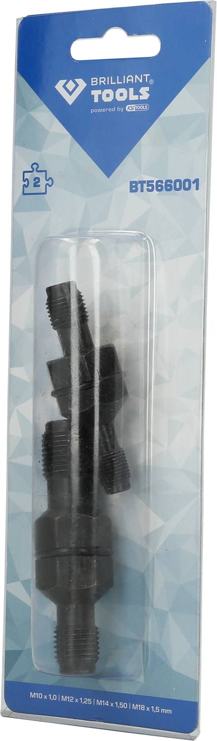 Eine Verpackung mit vier Auspuffrohr-Bördelgeräten, beschriftet mit 'Brilliant Tools' und Modellnummer BT56001.