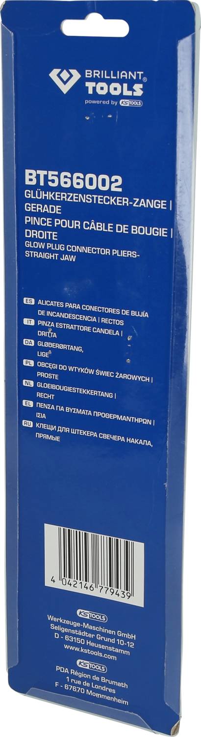 Verpackung von Glühkerzenstecker-Zange. Marke 'Brilliant Tools', Modell BT566002, Informationen in mehreren Sprachen, blaue Hintergrundfarbe.