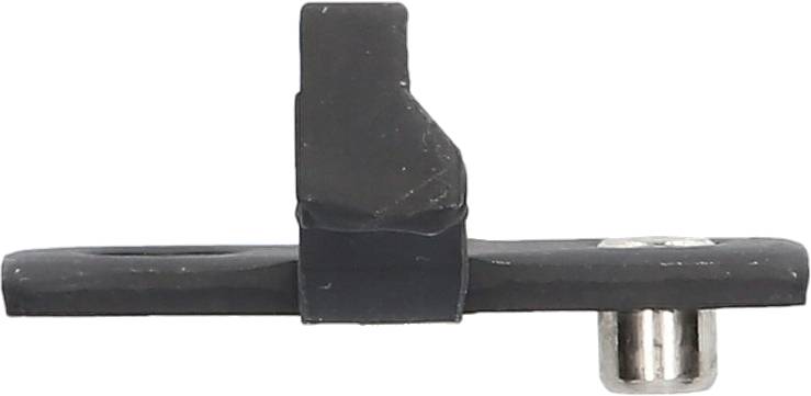 Bremsbelag für ein Fahrrad, in Seitenansicht gezeigt. Ein schwarzes, längliches Teil mit einer Metallbefestigung an der Unterseite.