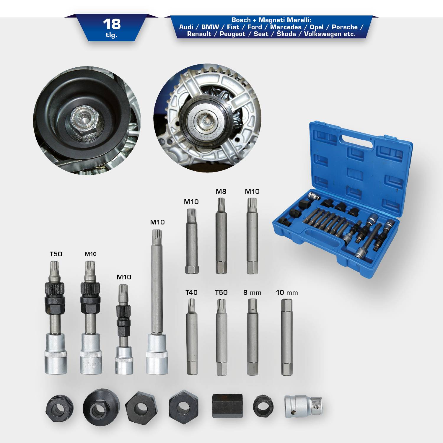 'Satz mit 18 Inbus- und Torx-Einsätzen für Autos. Links Nahaufnahmen von Nüssen, rechts blauer Koffer mit restlichen Teilen.'