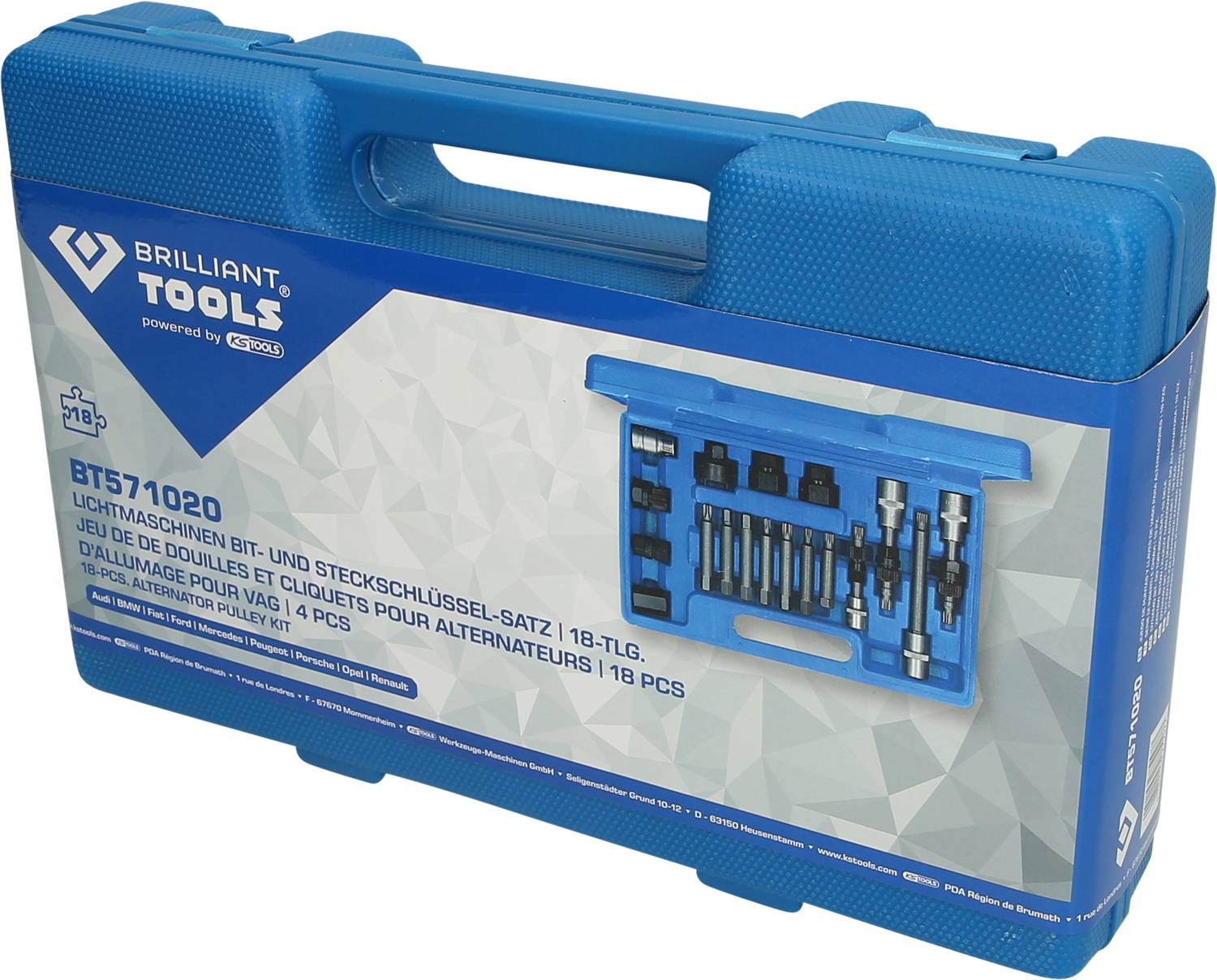 'Brilliant Tools 18-tlg. Lichtmaschinen Werkzeugset in blauem Koffer. Für diverse Anwendungen, inklusive Bit- und Steckschlüsselsatz.'