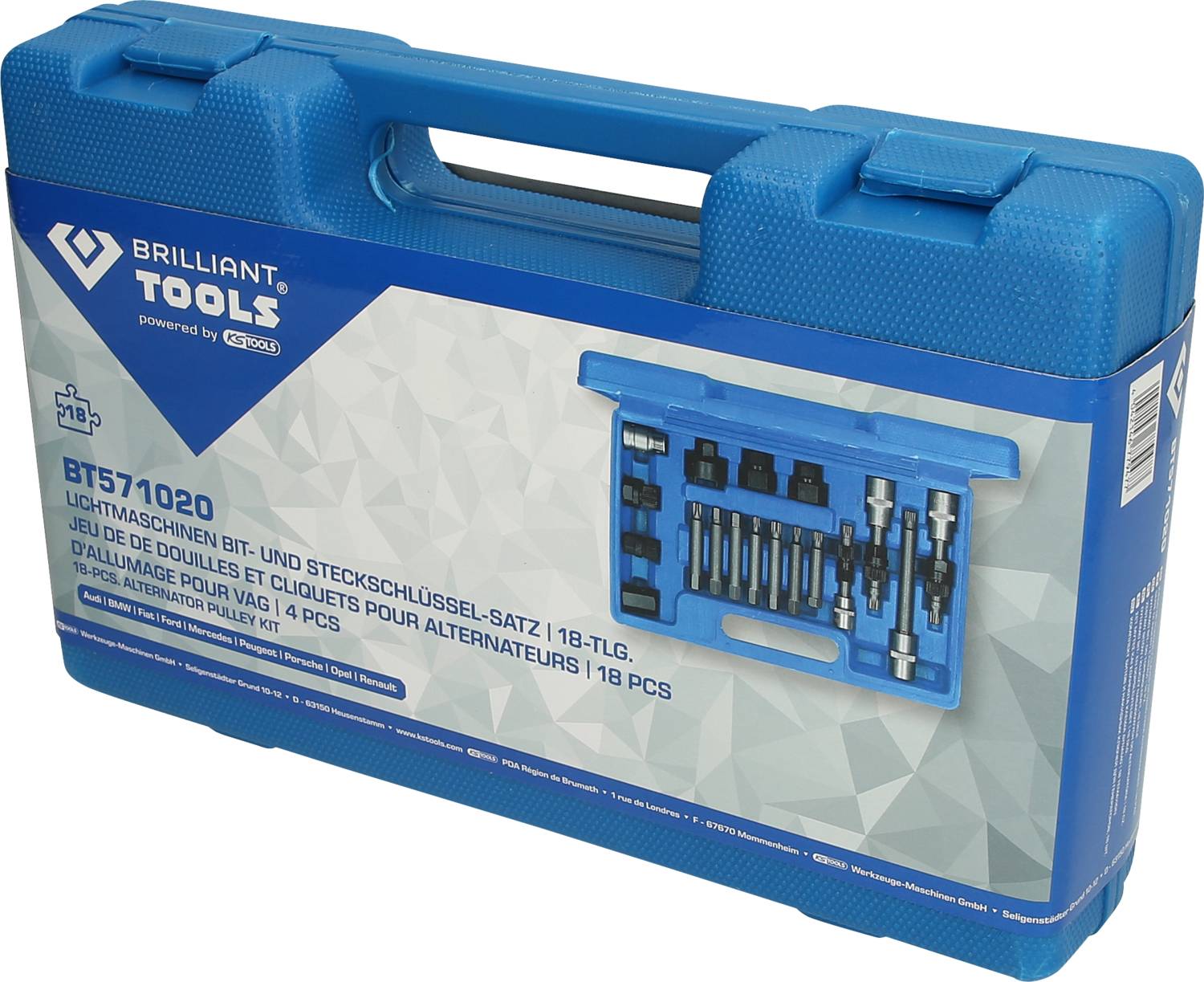 Ein blauer Werkzeugkoffer mit der Aufschrift 'Brilliant Tools'. Enthält 18-teiligen Bit- und Steckschlüsselsatz für Alternatoren.