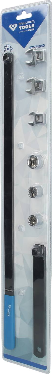Werkzeugset mit langem Griff und verschiedenen Aufsätzen, darunter drei Stecknüsse und vier Bits, in einer transparenten Verpackung.