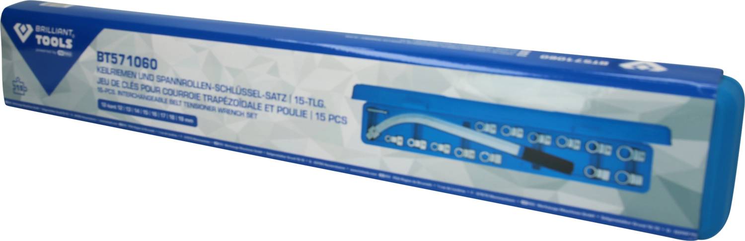 Blauer Werkzeugkasten mit 12-mm-Ringschlüssel-Set, 12 Teile. Enthält eine Kunststoffhalterung zur ordentlichen Aufbewahrung.