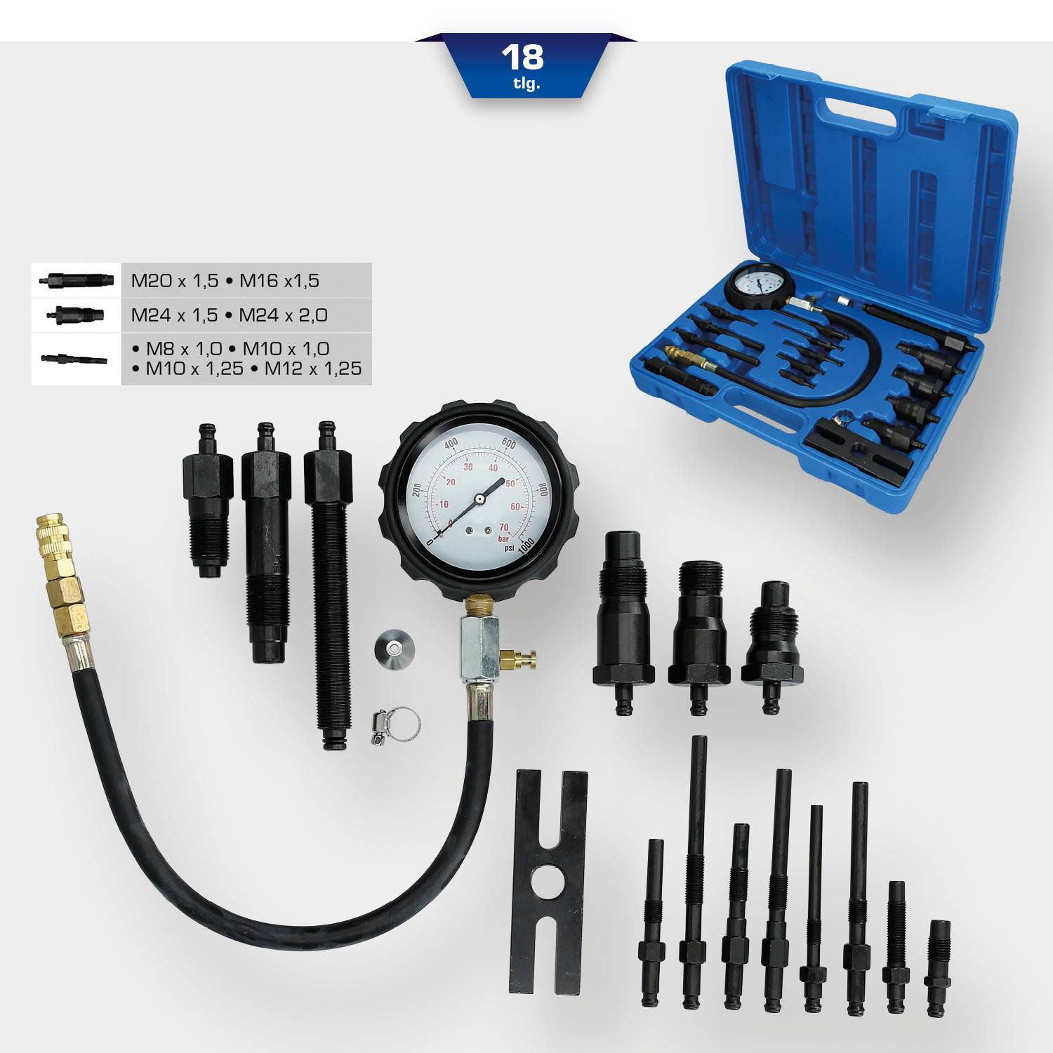 'Druckmess- und Adapterset für Motoren: Manometer, Schläuche, Adapter in Kunststoffkoffer. 18-teiliges Set zur Motorprüfung.'