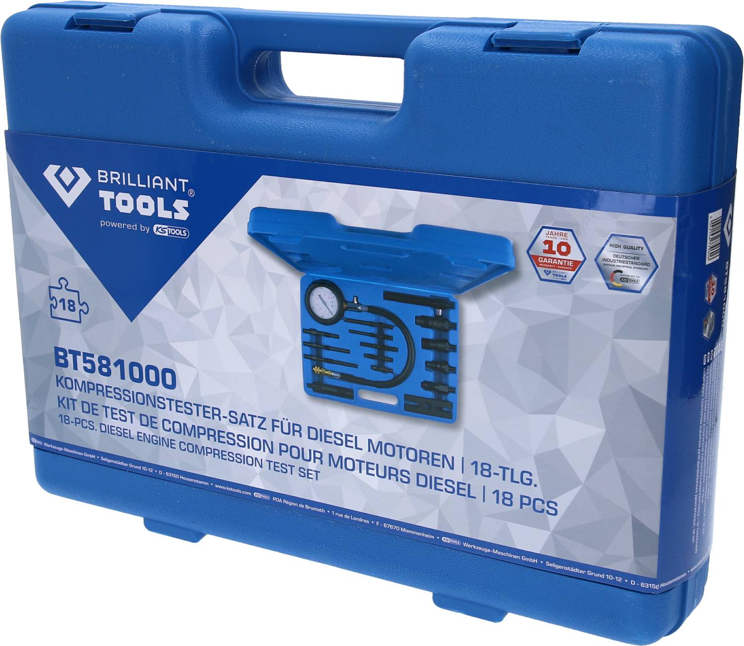 Blauer Koffer mit der Aufschrift 'Brilliant Tools' und 'Kompressionstester-Satz für Diesel Motoren', zeigt Inhalt und Anwendungszweck.