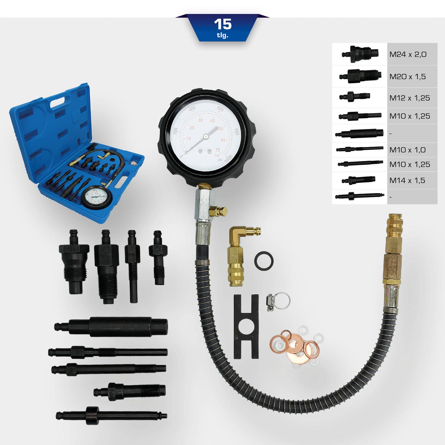 'Öldruckprüfer-Set mit 15 Teilen, inklusive Manometer, Schlauch, Adapter in verschiedenen Größen, Transportkoffer und Dichtungen.'