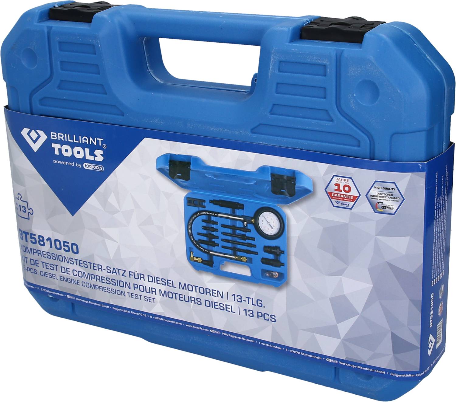 Blauer Kunststoffkoffer mit einem Diesel-Kompressionstester-Set, 13-teilig. Enthält diverse Werkzeuge in einer geordneten Anordnung.