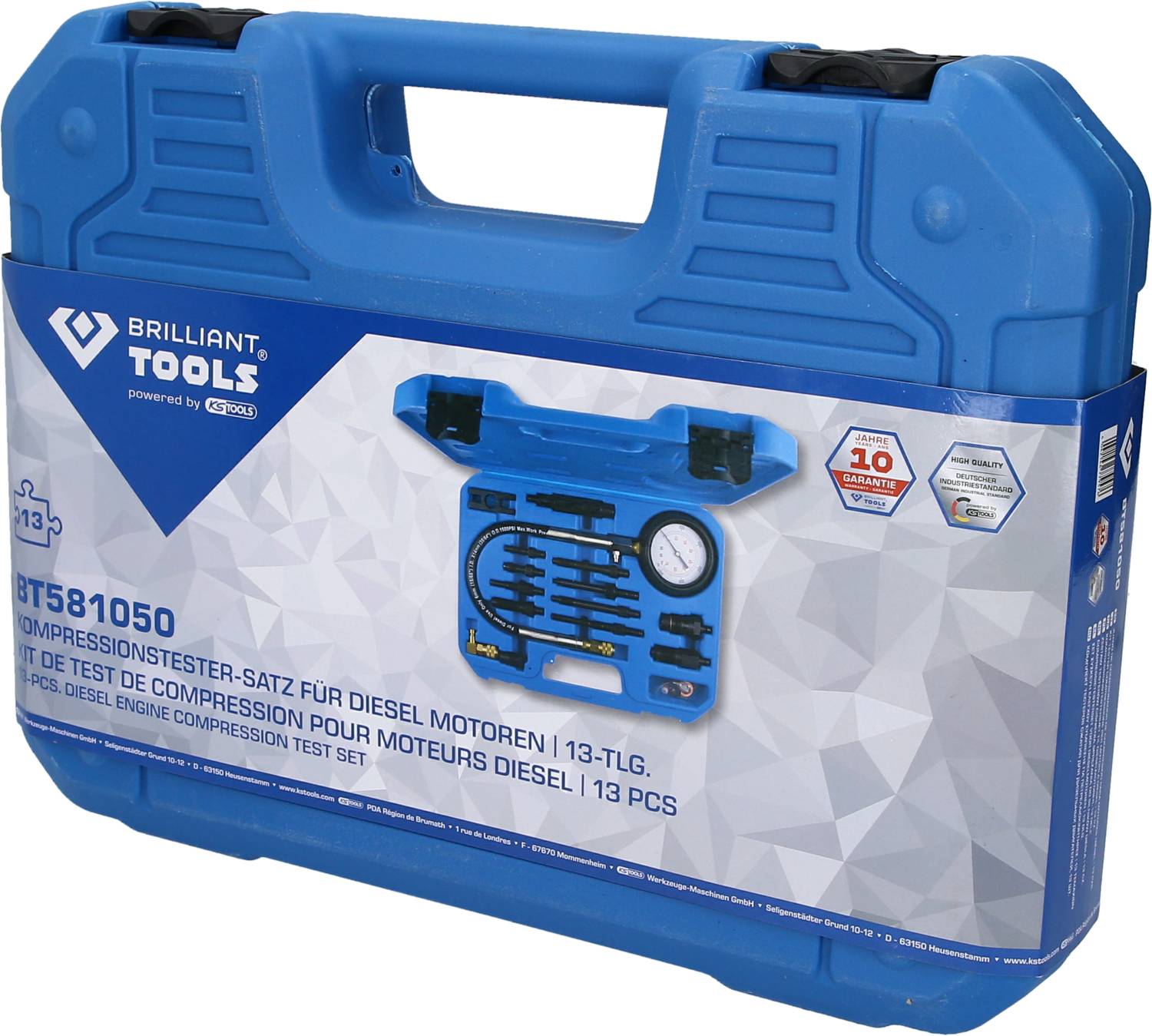 Ein blauer Koffer mit der Aufschrift 'Brilliant Tools' enthält 13-teiligen Kompressionstester-Satz für Dieselmotoren.