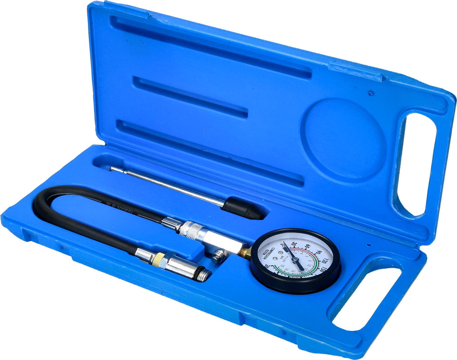 Ein blaues Gehäuse enthält ein Manometer mit Schlauch und Adapter zur Druckmessung von Autoreifen.