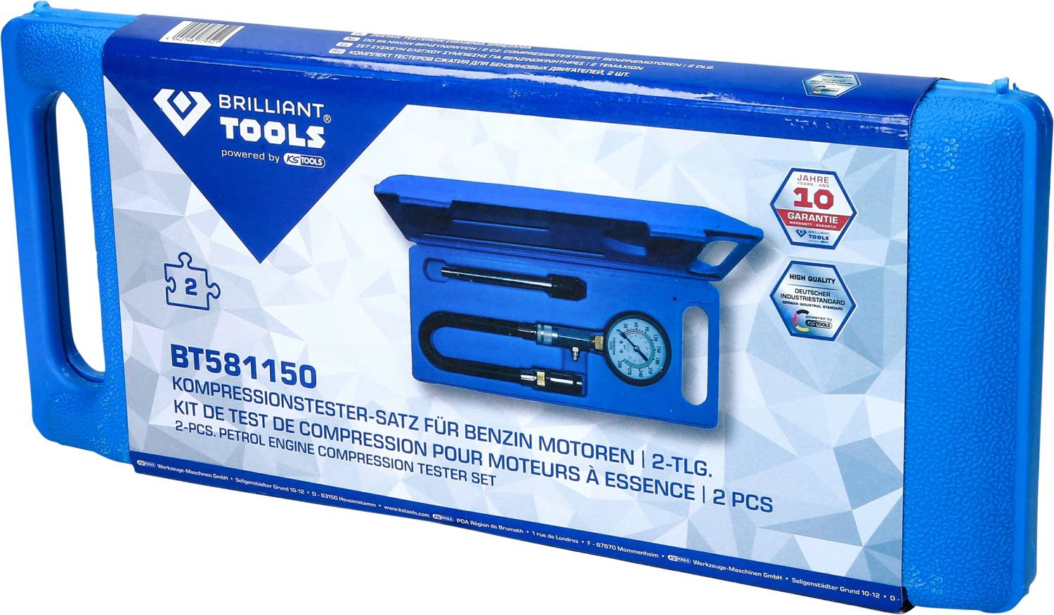 Blauer Koffer mit einem 2-teiligen Kompressionstester-Set für Benzinmotoren. Enthält Manometer und Zubehör, 10 Jahre Garantie.