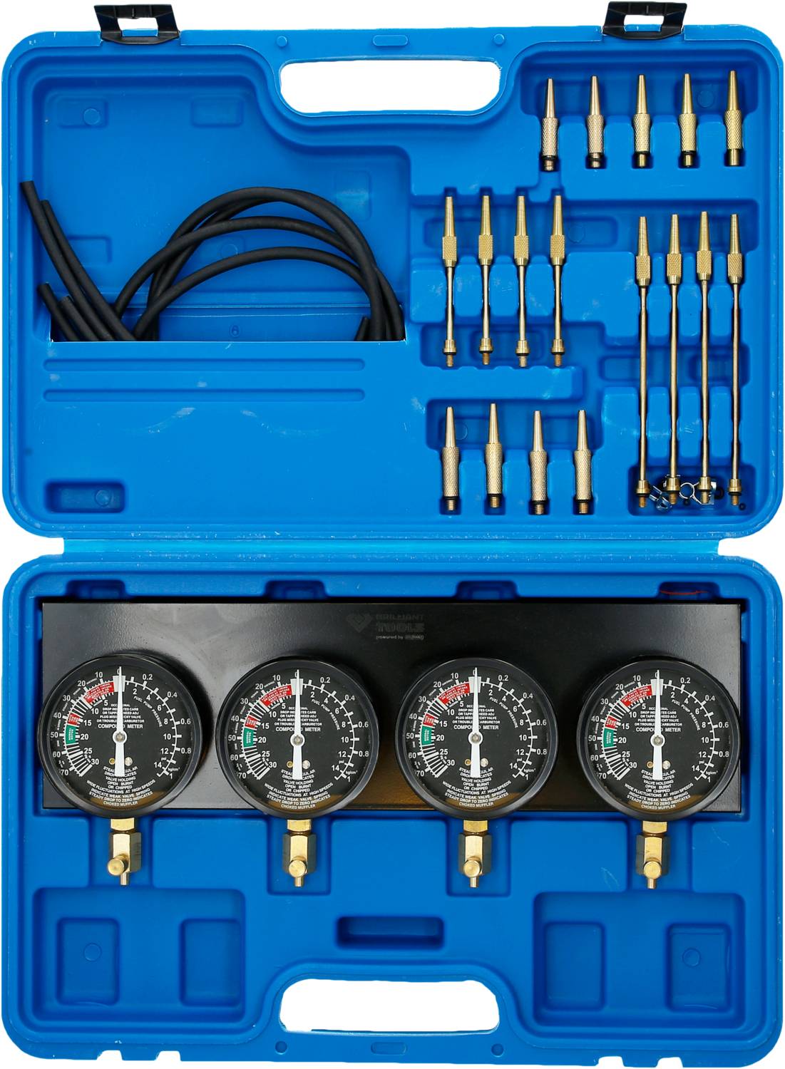 Blauer Werkzeugkoffer mit vier Druckmessuhren, Schläuchen und Adapterteilen zur Motordiagnose.