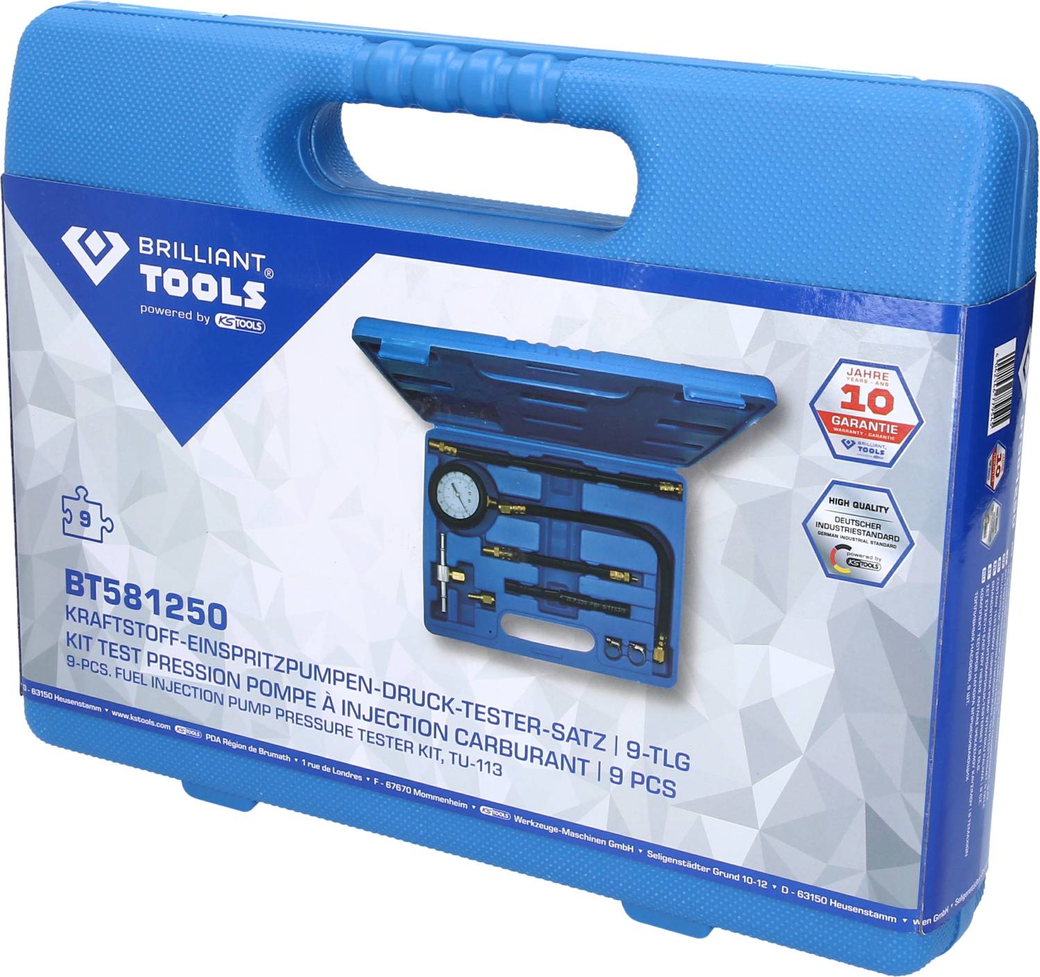 Blauer Koffer mit Kraftstoff-Einspritzpumpen-Druck-Tester-Satz, 9-teilig, Modell BT581250, mit Garantiehinweis auf der Verpackung.