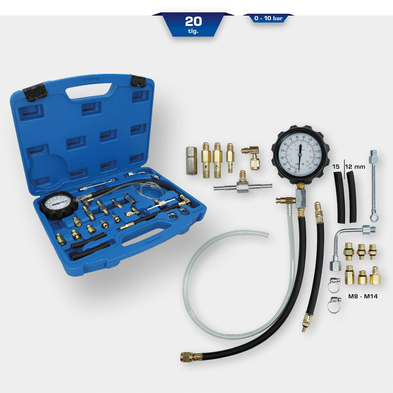 Blauer Koffer mit 20-teiliger mechanischer Druckprüfer-Set für Motoren. Enthält verschiedene Adapter, Schläuche und Manometer.