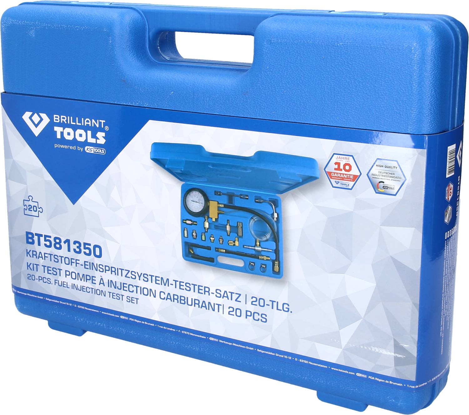 Blauer Werkzeugkoffer mit der Aufschrift 'Kraftstoff-Einspritzsystem-Tester-Satz, 20-tlg.' und abgebildetem Inhalt des Sets.