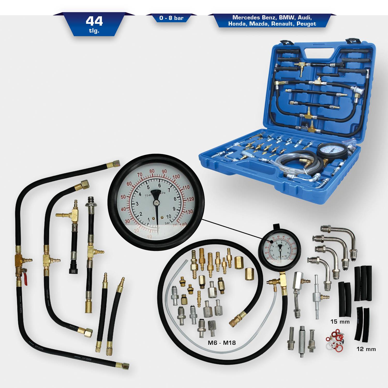 44-teiliges Druckprüfset für Autos, mit Manometer (0-8 bar) und Anschlüssen, passend für Mercedes, BMW, Audi, Honda, Mazda, Renault.