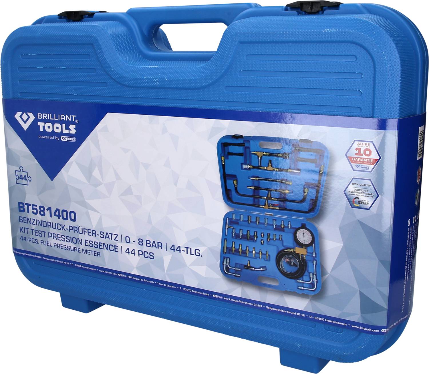Blauer Koffer mit der Aufschrift 'BT581400 Benzindruck-Prüfer-Satz'. Enthält Werkzeuge zur Prüfung von 0-8 Bar, 44-teilig.