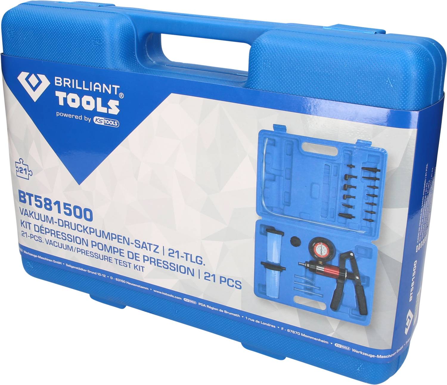 'Brilliant Tools' Werkzeugkoffer mit 21-teiligem Vakuum-Druckpumpen-Satz. Zeigt geöffnete Ansicht mit Werkzeugen auf der Verpackung.