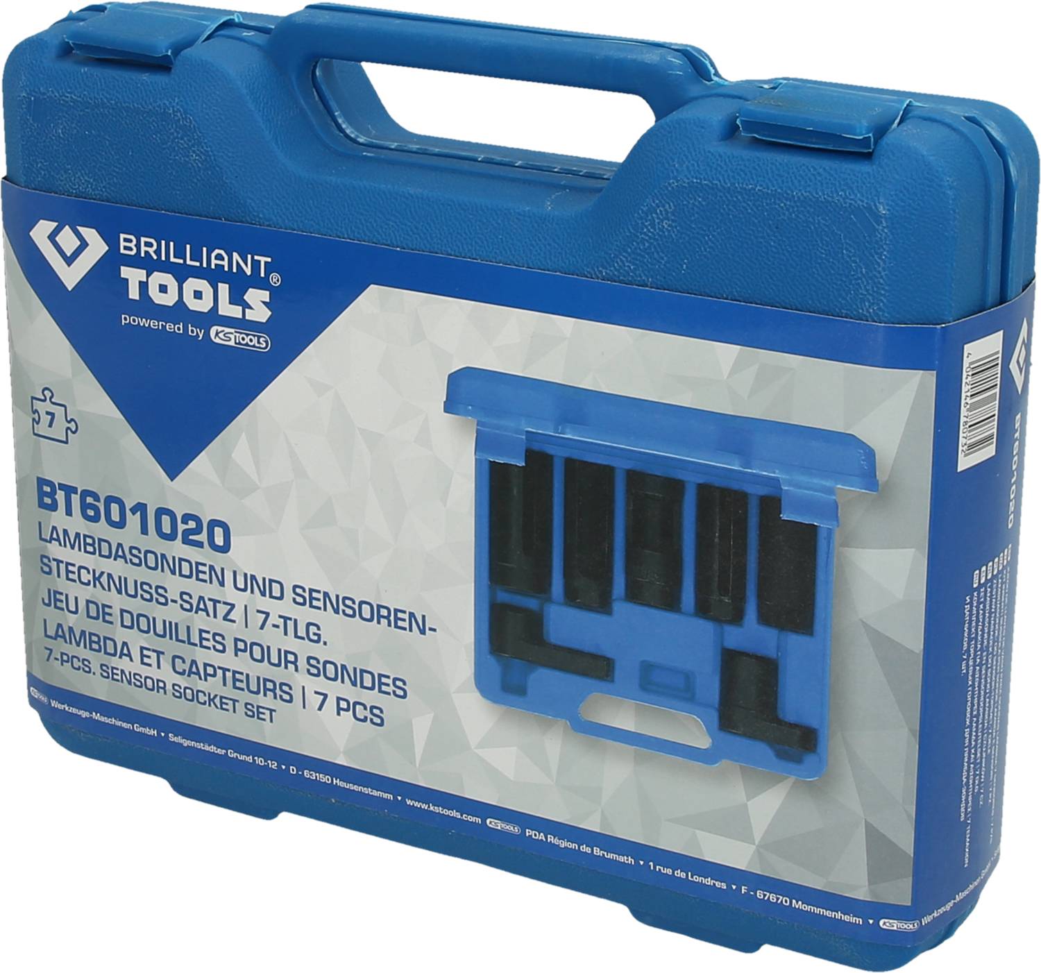 Blauer Kunststoffkoffer von Brilliant Tools mit der Aufschrift 'BT601020 Lambda-Sonden und Sensor-Stecknuss-Satz, 7-tlg'.