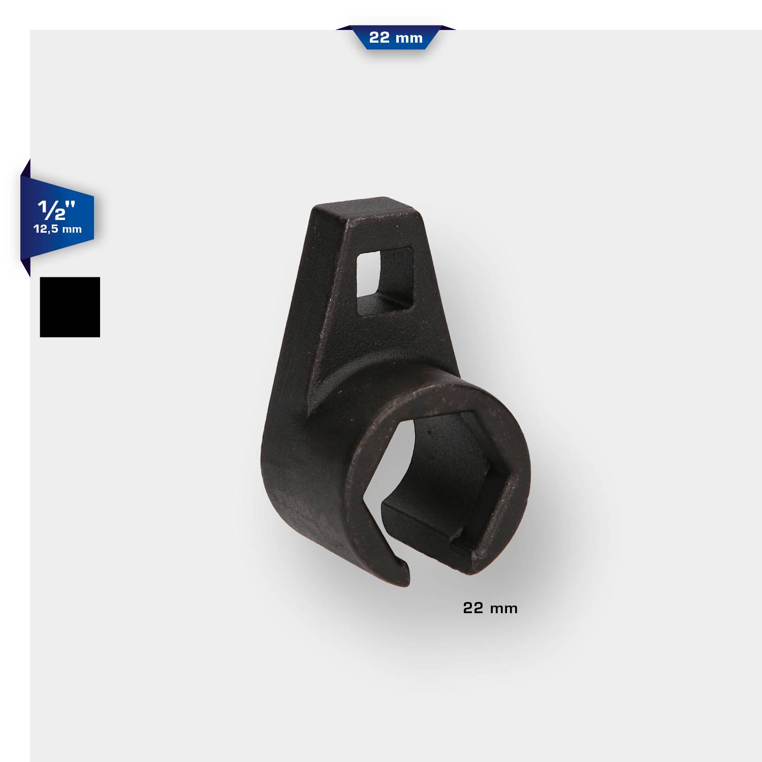 Ein schwarzes Werkzeug aus Metall, geformt wie ein offener Ring mit einem Hebel, angezeigt mit den Größen '22 mm' und '1/2" 12,5 mm'.