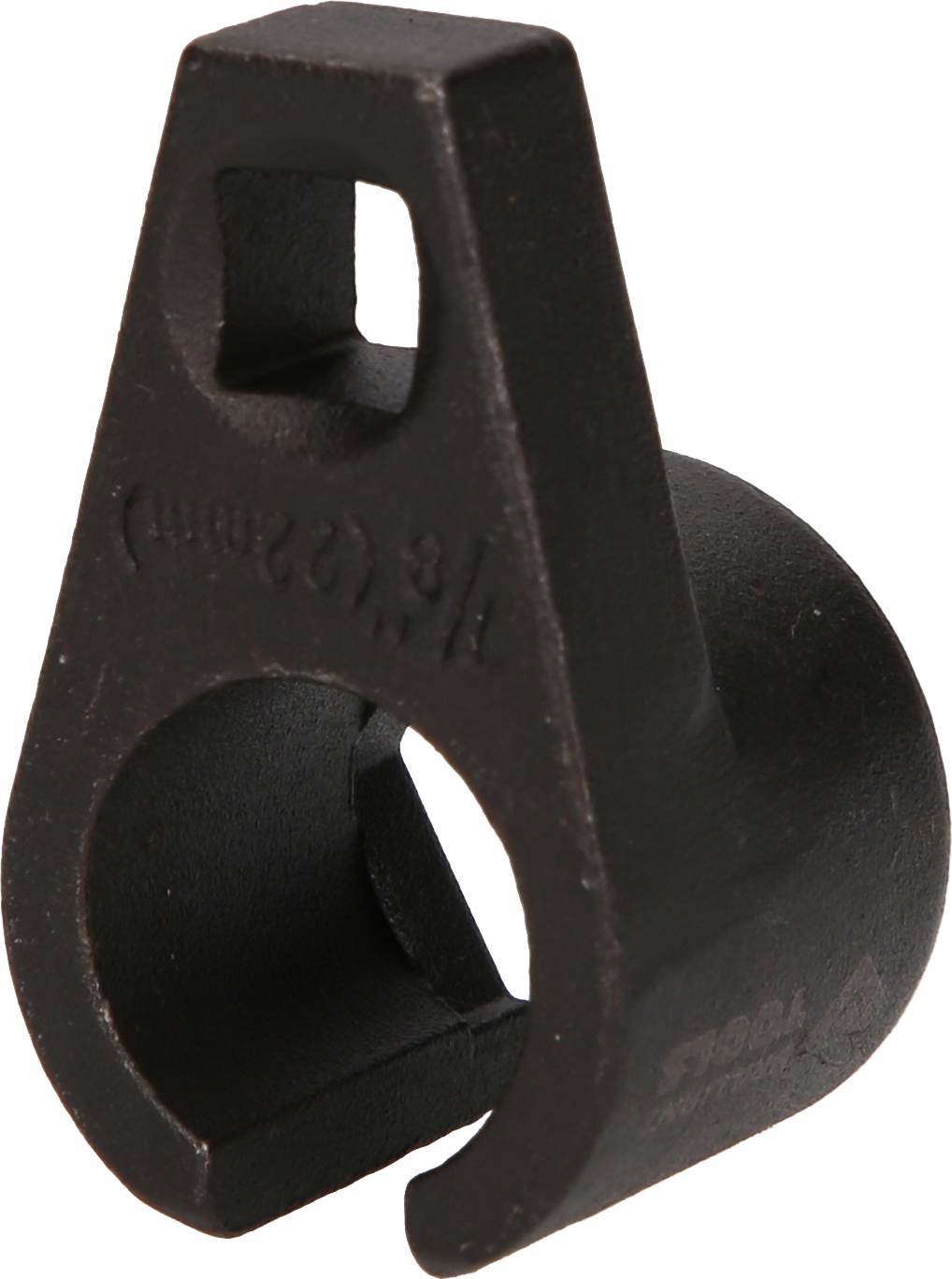 Dunkelbraune, metallische Hängerkupplung in der Form eines flachen Kreises mit befestigtem, dreieckigem Halter und zwei Öffnungen.