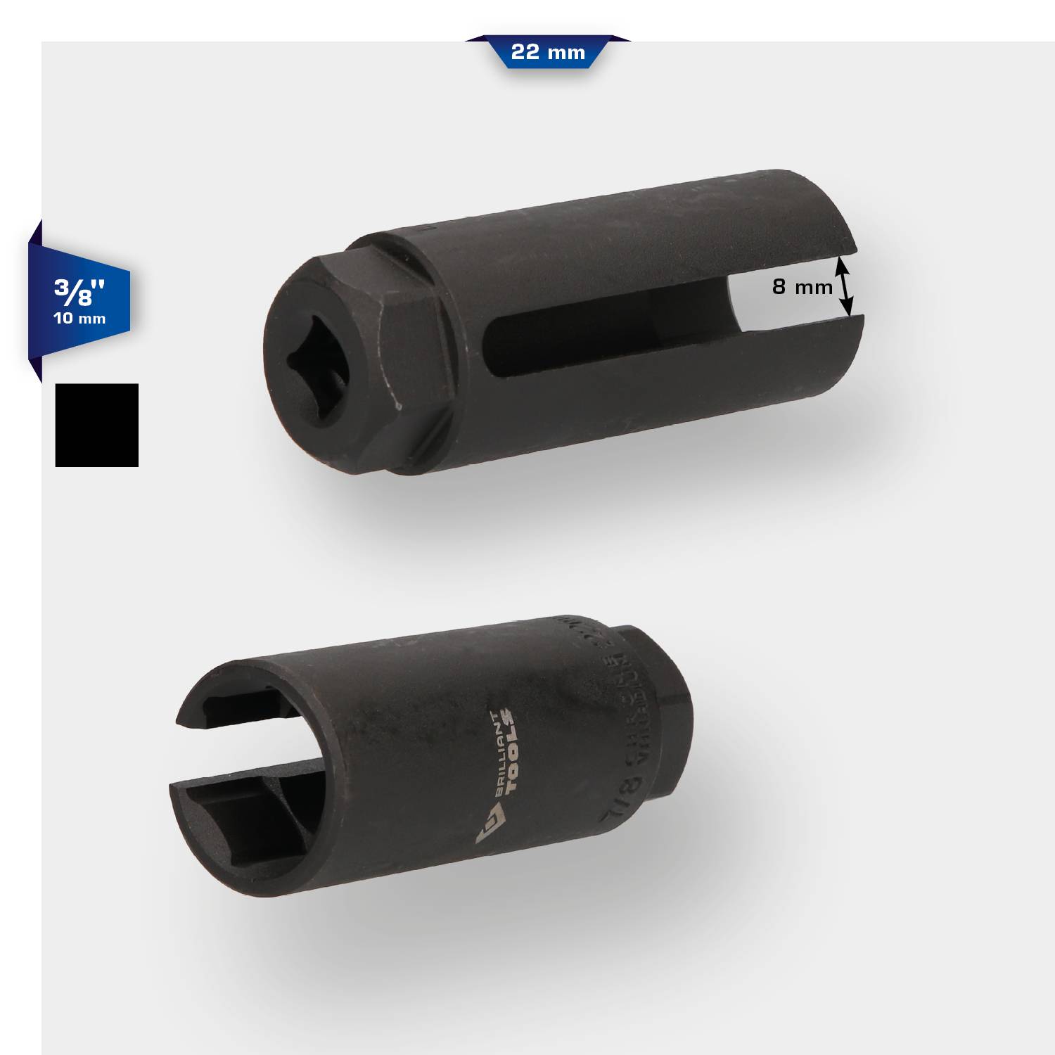 Zwei schwarze Stecknüsse für Zündkerzen mit 22 mm Durchmesser. Eine hat einen eingeprägten 8 mm Schlitz. Oben '22 mm', unten '3/8" 10 mm'.