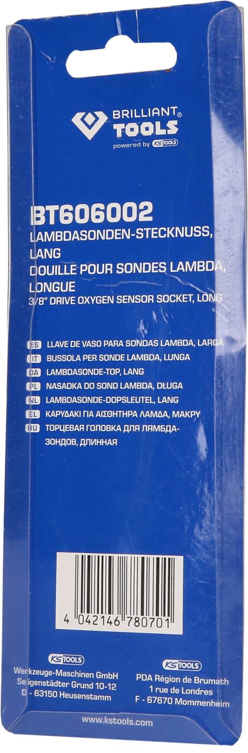 'BT606002 Lamdasonden-Stecknuss, lang' Verpackung von Brilliant Tools; enthält Produktinformationen in mehreren Sprachen.