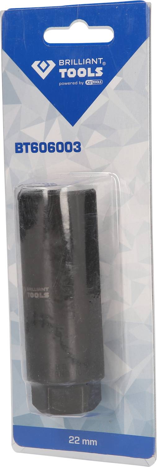 Stecknuss von Brilliant Tools in Verpackung, Model 'BT606003', Größe 22 mm, graue Sechskantform mit blauem Hintergrund.
