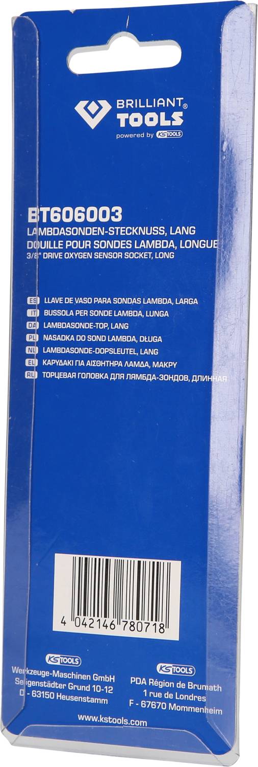 Verpackung eines Werkzeuges von 'Brilliant Tools'. Enthält Längeschlüssel für Lambdasonden. Produktnummer BT606003. Marken- und Herstellerinformationen.
