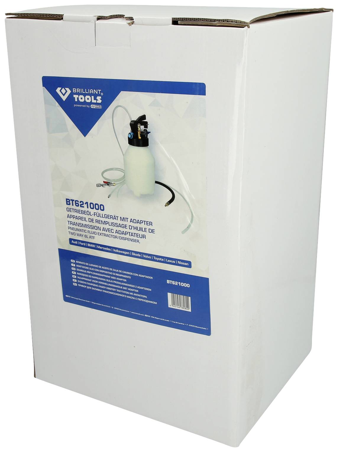 Kartonverpackung mit einem Bild eines Ölabsauggeräts und Text 'Brilliant Tools, Ölabsauggerät BT621000, inkl. Adapter'.