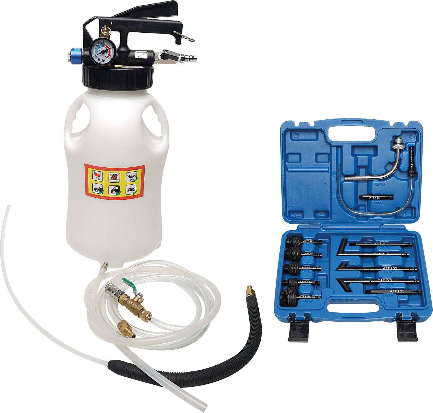 'Druckprüfset für Kühlsysteme mit Messgerät und Zubehör, einschließlich Schläuchen und Adapter in einem blauen Koffer.'